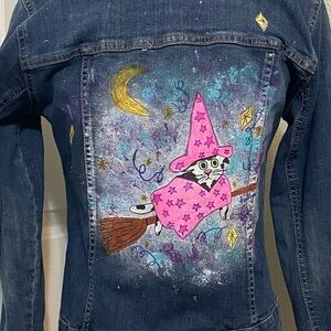 OOAK Wizard Cat Hand Painted Custom Denim Jacket from Old Navy Rockstar SMALL